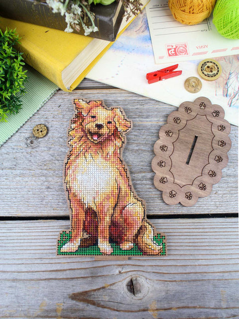 Retriever Cross Stitch Kit on Perforated Wood, 16×12 cm, 21-Color Threads, Stand, Needle and Patterns by MP Studia