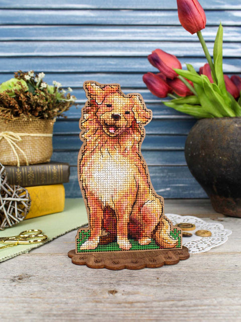 Retriever Cross Stitch Kit on Perforated Wood, 16×12 cm, 21-Color Threads, Stand, Needle and Patterns by MP Studia