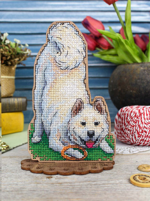 Shiba Inu Cross Stitch Embroidery Kit on Perforated Wood, 17×12 cm, MP Studia, Stand, Threads and Needle