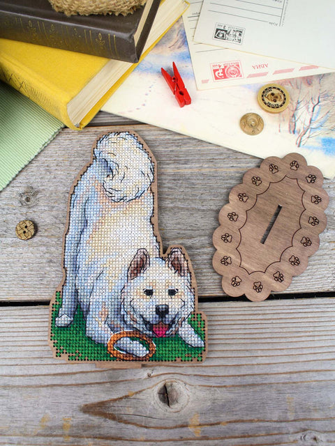 Shiba Inu Cross Stitch Embroidery Kit on Perforated Wood, 17×12 cm, MP Studia, Stand, Threads and Needle