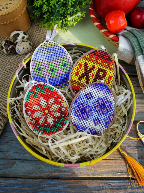 Easter Wooden Egg Cross Stitch Kit with Beads, Lilac Pattern, 8 x 6 cm, MP Studia