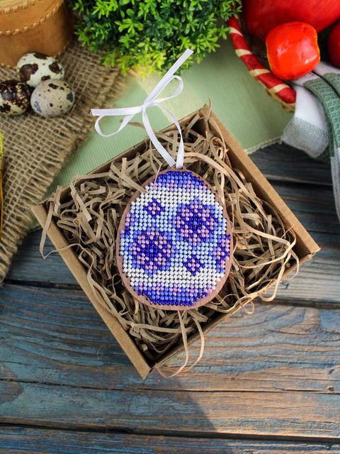 Easter Wooden Egg Cross Stitch Kit with Beads, Lilac Pattern, 8 x 6 cm, MP Studia