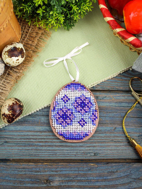 Easter Wooden Egg Cross Stitch Kit with Beads, Lilac Pattern, 8 x 6 cm, MP Studia
