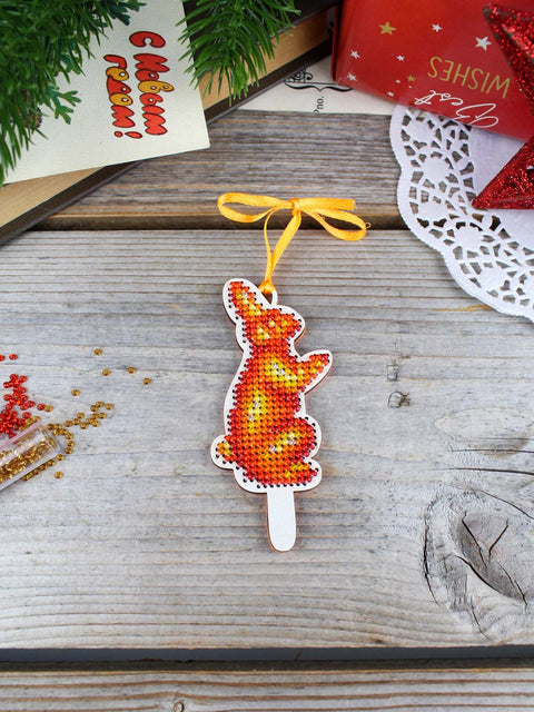 Wooden Cross Stitch Kit, Bunny with Lollipop, Preciosa Beads, 9 × 4 cm, MP Studia Hanging Decoration DIY Craft