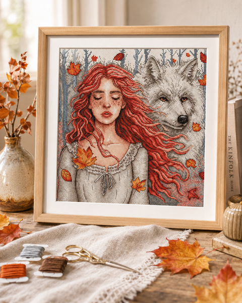 Cross Stitch Kit Autumn Scene, Aida 16 White Canvas, 27.15 × 26.83 cm, 40 Colors, 8 Variegated Threads, AVA Stitch