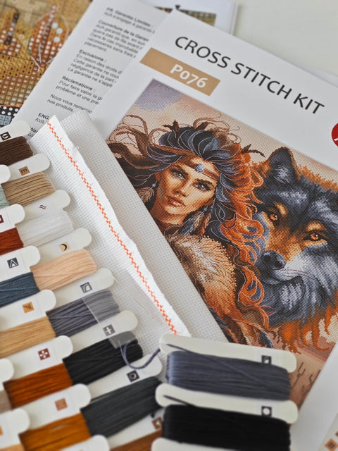 Cross Stitch Kit Warrior and Wolf, 31.75 cm Design, Aida 16 Count Canvas, AVA Stitch Embroidery Kit