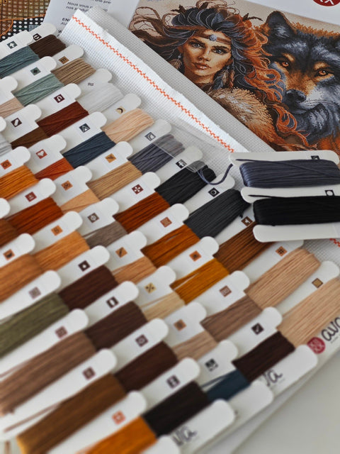 Cross Stitch Kit Warrior and Wolf, 31.75 cm Design, Aida 16 Count Canvas, AVA Stitch Embroidery Kit