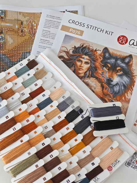 Cross Stitch Kit Warrior and Wolf, 31.75 cm Design, Aida 16 Count Canvas, AVA Stitch Embroidery Kit