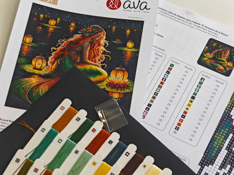 Mermaid Cove Cross Stitch Kit, Detailed Color Design on Black Aida 16, 28.57 cm Square, AVA Stitch AVA-P091