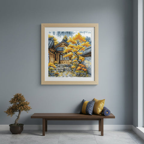 Cross Stitch Kit, Golden Trees Nature Design, 28.57 cm Square, Aida 16 ct, AVA Stitch, Threads, Needle and Instructions