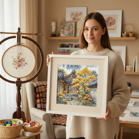 Cross Stitch Kit, Golden Trees Nature Design, 28.57 cm Square, Aida 16 ct, AVA Stitch, Threads, Needle and Instructions