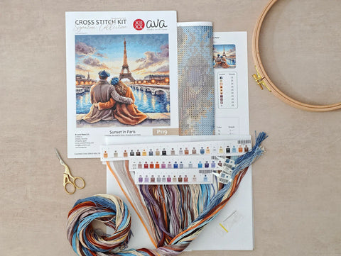 Paris Sunset Cross Stitch Kit, City Scene with People, Zweigart Aida 16 ct Canvas, 28.57 cm Square, AVA Stitch