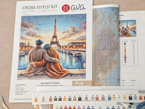 Paris Sunset Cross Stitch Kit, City Scene with People, Zweigart Aida 16 ct Canvas, 28.57 cm Square, AVA Stitch