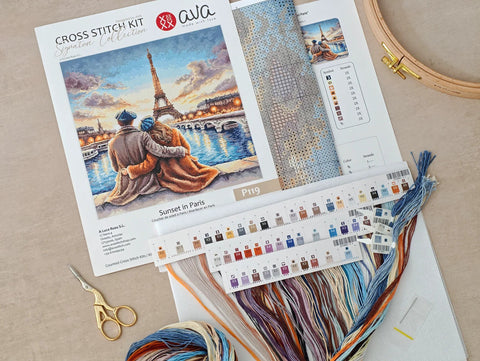 Paris Sunset Cross Stitch Kit, City Scene with People, Zweigart Aida 16 ct Canvas, 28.57 cm Square, AVA Stitch