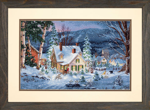 Winter Landscape Cross Stitch Kit, Dimensions, Aida Cotton Fabric, Embroidery Threads, Needle, Color Chart and Instructions