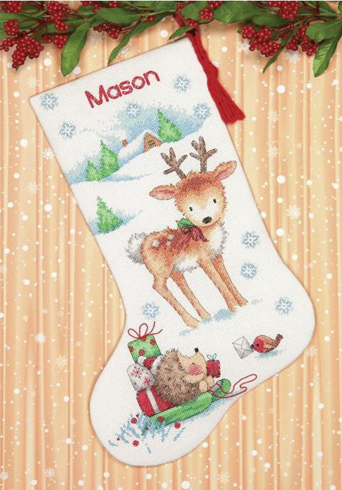 Christmas Stocking Cross Stitch Kit with Deer and Hedgehog Motif, 40 cm, Dimensions, 14 Count White Aida Canvas