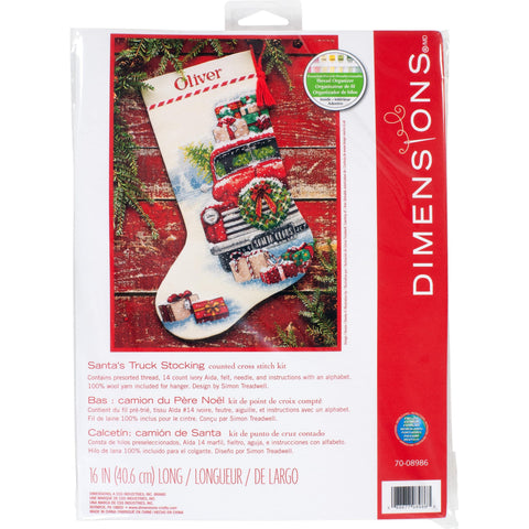 Christmas Cross Stitch Stocking Kit with Santa and Truck, Dimensions, 41 cm, 14 Count Cotton Aida, Personalized Name Space