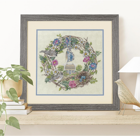 Dimensions Cross Stitch Kit, Cottage Wreath Design, Floral Embroidery Pattern for Beginners and Experienced Crafters, Home Decor