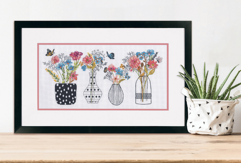 Cross Stitch Kit with Wildflower Vase Design, Dimensions, Aida Cotton Fabric, Embroidery Floss, Needle and Pattern