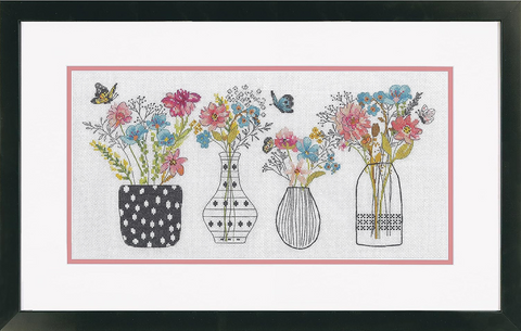 Cross Stitch Kit with Wildflower Vase Design, Dimensions, Aida Cotton Fabric, Embroidery Floss, Needle and Pattern