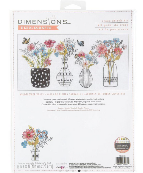 Cross Stitch Kit with Wildflower Vase Design, Dimensions, Aida Cotton Fabric, Embroidery Floss, Needle and Pattern