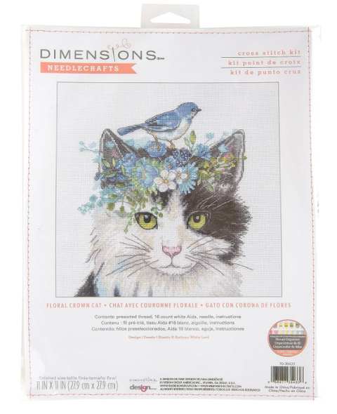 Dimensions Cross Stitch Kit, Cat with Floral Wreath, 16 Count White Aida, 23 × 32 cm, Counted Embroidery Pattern