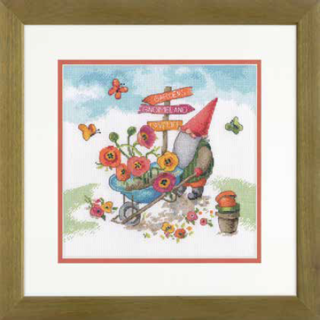 Cross Stitch Kit with Garden Gnome Design, 25 x 25 cm, Colorful Wall Decor, Beginner-Friendly Craft Set