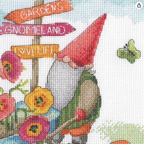 Cross Stitch Kit with Garden Gnome Design, 25 x 25 cm, Colorful Wall Decor, Beginner-Friendly Craft Set