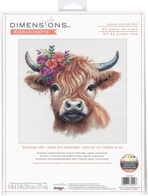 Highland Cow Cross Stitch Kit, Complete Set by Dimensions with Pattern, Instructions, Needle, Thread and Fabric