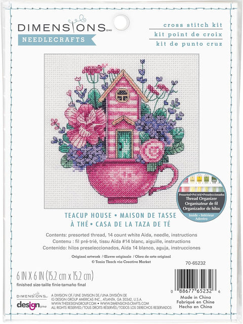 Dimensions Teacup House Cross Stitch Kit with Canvas, Cotton Threads, Needle, Chart and Instructions for Home Decor