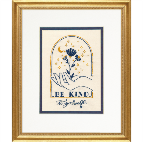 Cross Stitch Kit “Be Kind to Yourself” with Aida Fabric, Cotton Threads, Needle, Pattern and Instructions by Dimensions