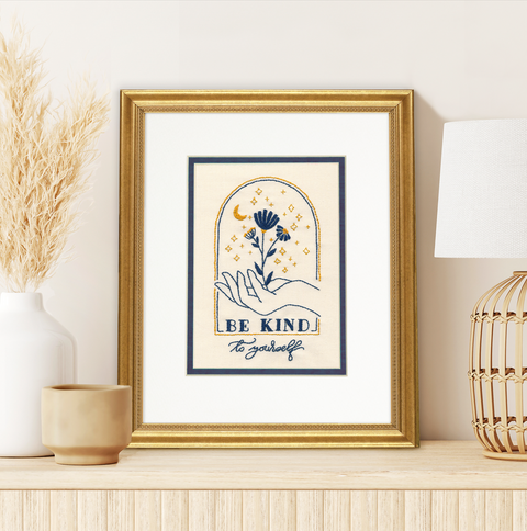 Cross Stitch Kit “Be Kind to Yourself” with Aida Fabric, Cotton Threads, Needle, Pattern and Instructions by Dimensions