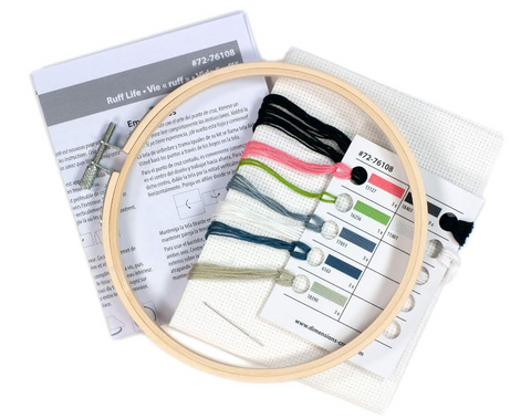 Cross Stitch Kit with Bamboo Hoop, Ruff Life Dog Design, Aida Fabric, Cotton Threads, Needle and Pattern by Dimensions