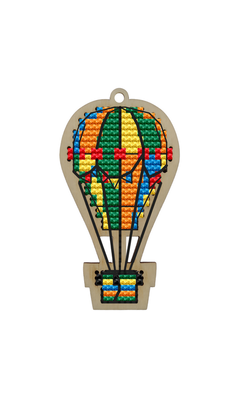 Hot Air Balloon Cross Stitch Embroidery Kit, 6 Colors, Wood Base and Felt, 4.5 × 8 cm, Kind Fox by Wizardi