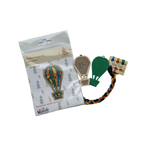 Hot Air Balloon Cross Stitch Embroidery Kit, 6 Colors, Wood Base and Felt, 4.5 × 8 cm, Kind Fox by Wizardi