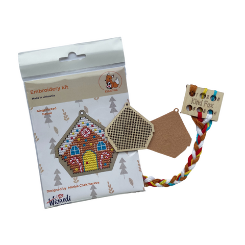 Christmas Gingerbread House Cross Stitch Kit, 7 x 7 cm, 5 Colors, Felt and Wood Base, Kind Fox by Wizardi
