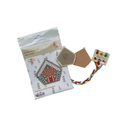 Christmas Gingerbread House Cross Stitch Kit, 5 Colors, Wooden Base, Felt, 7 x 7 cm Ornament, Kind Fox by Wizardi