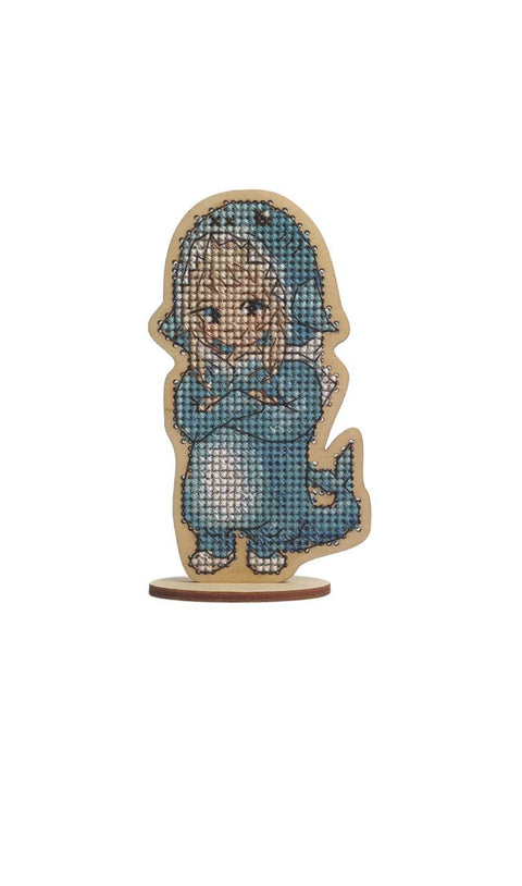 Baby Shark Cross Stitch Kit, 6 x 11 cm Embroidery Project with Cotton Floss, Wooden Base and Felt Backing, Kind Fox by Wizardi