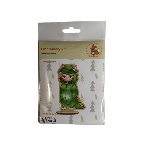 Cross Stitch Embroidery Kit Baby Dragon Motif, Kind Fox by Wizardi, 6 x 11 cm, Cotton Threads, Wood Base, Felt Backing