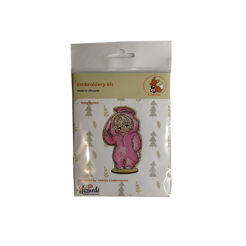 Baby Bunny Embroidery Kit with Cotton Mouline Threads, Wooden Base, Felt Backing, Pattern and Thread Organizer by Kind Fox