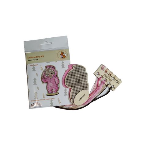 Baby Bunny Embroidery Kit with Cotton Mouline Threads, Wooden Base, Felt Backing, Pattern and Thread Organizer by Kind Fox