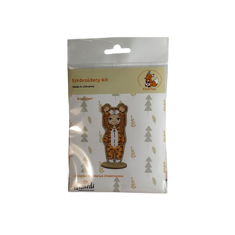 Baby Tiger Embroidery Kit on Wooden Base, Cotton Mouliné Threads, Felt, Pattern and Thread Organizer, 4.5 × 10.5 cm, Kind Fox by Wizardi