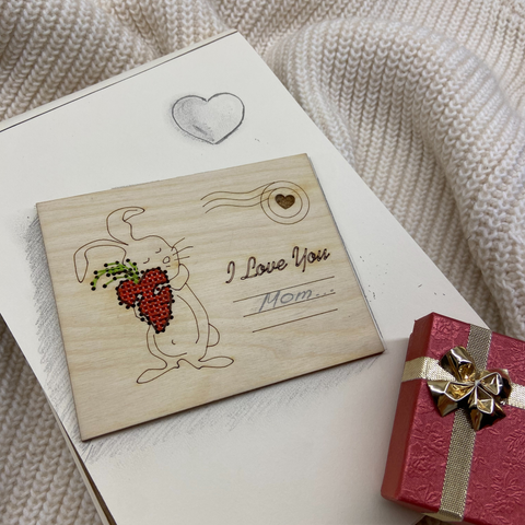 Wooden I Love You Card with Rabbit Motif and Cross-Stitch Details, Natural Wood, Kind Fox by Wizardi