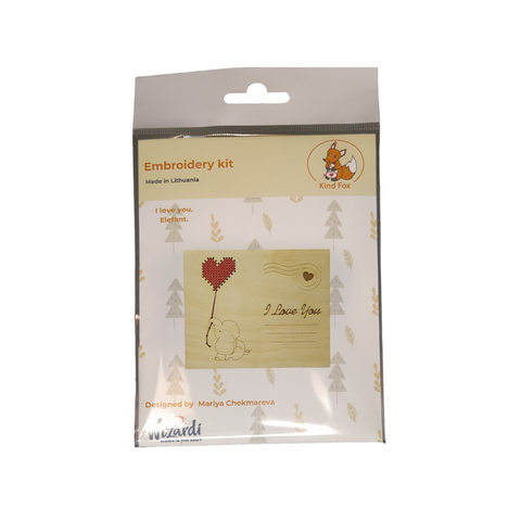 Wooden I Love You Card with Elephant and Cross Stitch, Kind Fox by Wizardi, Romantic Keepsake Decor