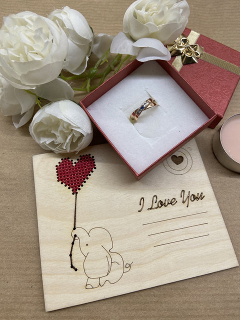 Wooden I Love You Card with Elephant and Cross Stitch, Kind Fox by Wizardi, Romantic Keepsake Decor