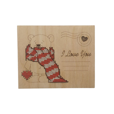 Wooden I Love You Card with Cross-Stitched Bear, Kind Fox by Wizardi, Romantic Keepsake Decor