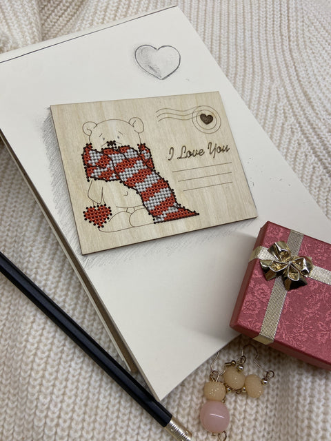 Wooden I Love You Card with Cross-Stitched Bear, Kind Fox by Wizardi, Romantic Keepsake Decor