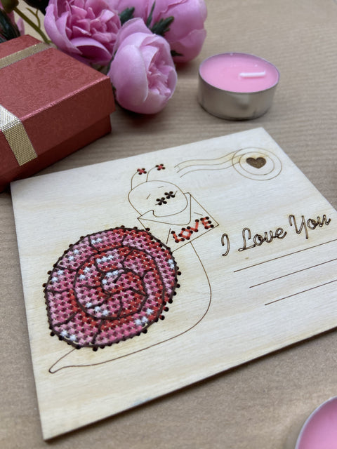 Wooden I Love You Greeting Card with Cross-Stitched Snail Design, Kind Fox by Wizardi, Natural Wood Decor