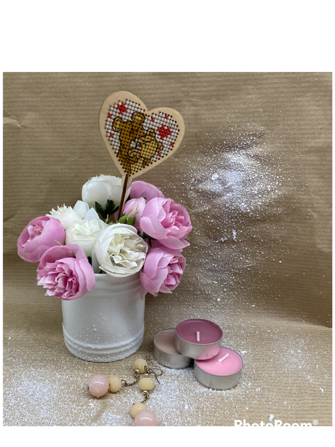 Cross Stitch Heart Topper Kit with Teddy Bears, Kind Fox by Wizardi, Cotton Mouline Thread, 5.5 x 15 cm