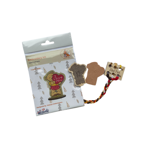 I Love You Embroidery Kit, 5 x 6 cm Wooden Base, Cotton Mouliné Threads, 6 Colors, Felt, Pattern & Organizer, Kind Fox by Wizardi